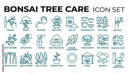 Bonsai tree care vector illustration, pruning, wiring, and watering icons set.