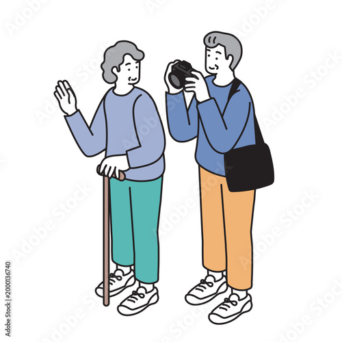 カメラを楽しむシンプルなシニア夫婦のイラスト