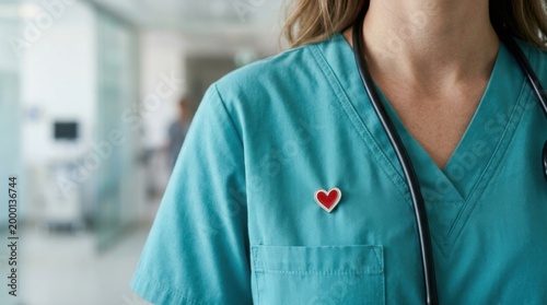 Close Up of Nurse Scrubs with Small Red Heart Pin for Healthcare Care
