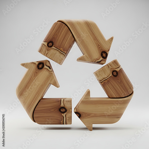 Wooden textured recycle symbol 3d render eco friendly concept for sustainable living environment protection and circular economy initiative on white floor.