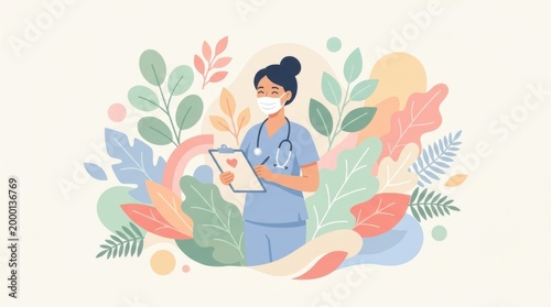 Healthcare Worker Nurse Illustration with Floral Background and Face Mask