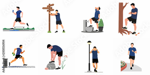 Flat vector illustrations set of a male runner in blue and black sportswear performing various outdoor fitness activities and running routines.