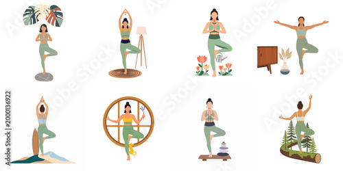 Set of flat vector illustrations depicting a woman practicing yoga tree pose in various indoor and outdoor environments for wellness and mindfulness.