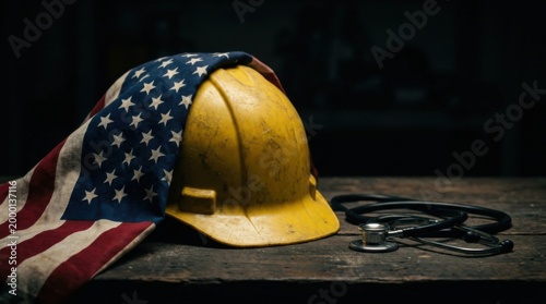 Yellow Hard Hat with American Flag and Stethoscope for Labor Day