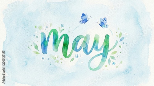 Elegant May Month Typography Design with Floral Accents and Butterflies
