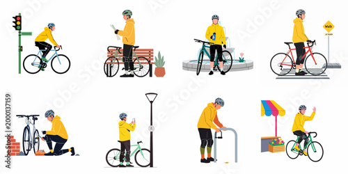 Set of vector illustrations featuring a male cyclist in various urban scenarios like commuting, navigating, repairing his bike, and exploring the city.