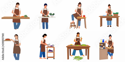 Set of eight flat illustrations featuring women in aprons preparing various fresh vegetables in different kitchen scenarios.
