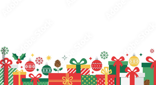 Festive Christmas Gift Boxes Border with Ornaments and Holly Leaves - Flat Design