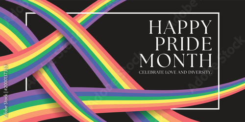 Happy pride month - Text in white frame with long curve rainbow lgbtq flag cross to cross on black background vector design