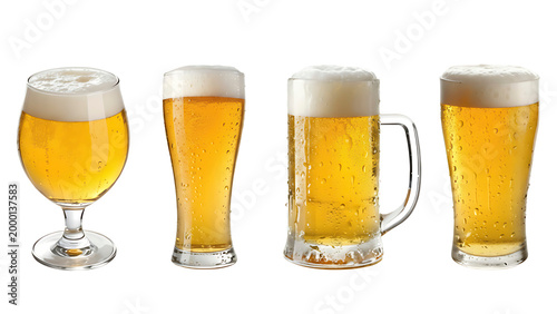AI generated. Set of four different beer glasses filled with golden lager, featuring thick foam heads and condensation droplets, isolated on a white background.