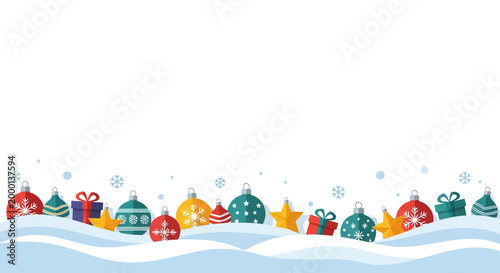 Festive Christmas Ornaments and Gifts Border with Snowflakes and Stars