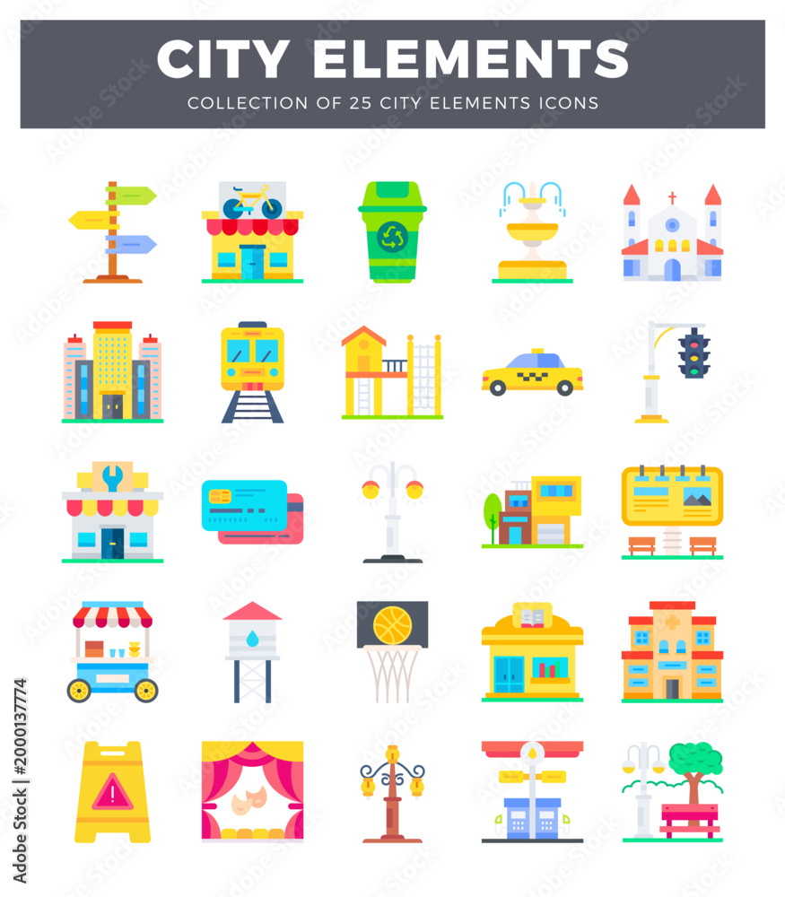 Naklejka premium Flat icon collection featuring diverse city elements for design projects.