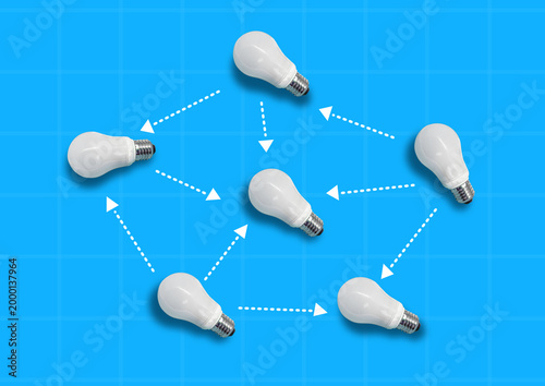 teamwork, business communication and Connection concept with light bulbs
