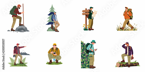 Set of flat illustrations featuring men engaged in various hiking, trekking, and outdoor exploration activities in nature.