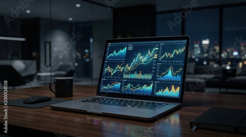 Professional Trading Workspace with Laptop Showing Real Time Market Data