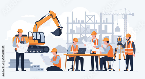 Construction workers team collaborating at planning meeting on site.