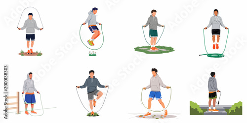 Collection of diverse flat vector illustrations depicting men in hoodies and shorts exercising with skipping ropes in various outdoor environments.