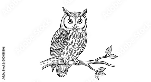 Owl perched on a branch with intense gaze and feathered plumage.