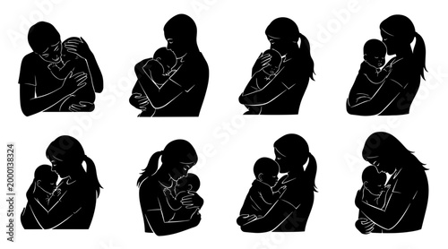 Silhouette of mother holding and comforting newborn baby, tender embrace, parental love, family bonding, simple graphic illustration