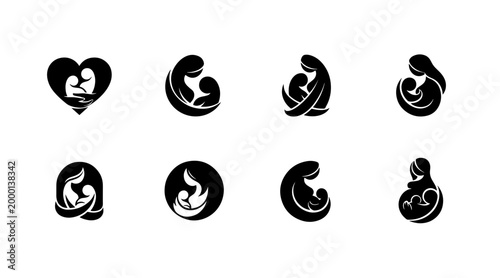 Set of minimalist mother and child silhouette logos, representing family, care, and love in various abstract designs.
