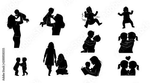 Silhouette Collection: Mother and Child Joyful Moments - Playing, Lifting, Tickling, Hugging
