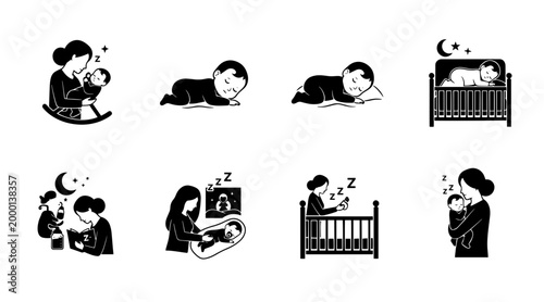 Set of stylized illustrations depicting a mother caring for and putting her baby to sleep, various scenarios.