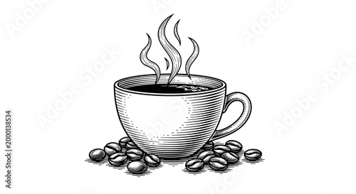 Steaming Cup of Coffee with Beans.