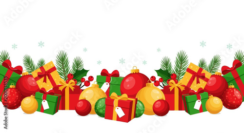 Festive Christmas Presents and Ornaments Border - Holiday Gift Boxes and Baubles
