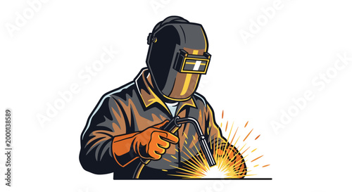 Welder at Work with Torch and Sparks.