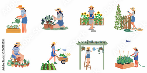 Set of flat illustrations showing a young woman gardening, watering plants, using tools, and tending to her garden and vegetable beds.