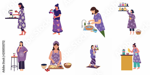 Vector illustration set of women engaged in healthy domestic activities like making smoothies, washing fruit, and cleaning their kitchen.
