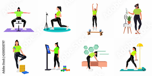 Vector illustrations of a woman practicing fitness at home using digital technology, VR headset, online classes, and smart equipment for a healthy lifestyle.