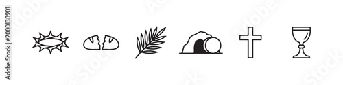 Vector icons of religious Christian symbols in a clean line style, featuring a wheat stalk, communion chalice, bread loaf, cross, crown of thorns, and the empty tomb of Jesus.