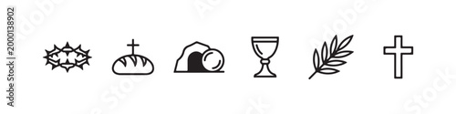 Vector icons of religious Christian symbols in a clean line style, featuring a wheat stalk, communion chalice, bread loaf, cross, crown of thorns, and the empty tomb of Jesus.