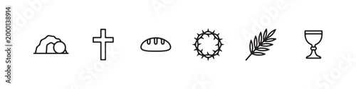 Vector icons of religious Christian symbols in a clean line style, featuring a wheat stalk, communion chalice, bread loaf, cross, crown of thorns, and the empty tomb of Jesus.