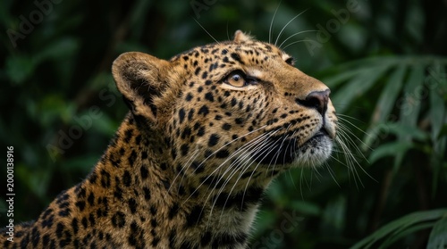 Portrait of a Wild Leopard Looking Up in Lush Green Jungle Canopy
