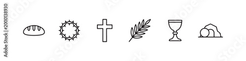 Vector icons of religious Christian symbols in a clean line style, featuring a wheat stalk, communion chalice, bread loaf, cross, crown of thorns, and the empty tomb of Jesus.