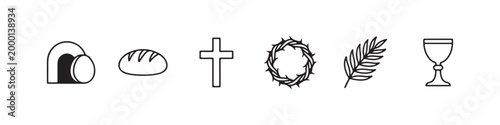 Vector icons of religious Christian symbols in a clean line style, featuring a wheat stalk, communion chalice, bread loaf, cross, crown of thorns, and the empty tomb of Jesus.