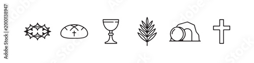 Vector icons of religious Christian symbols in a clean line style, featuring a wheat stalk, communion chalice, bread loaf, cross, crown of thorns, and the empty tomb of Jesus.