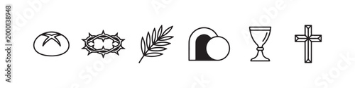 Vector icons of religious Christian symbols in a clean line style, featuring a wheat stalk, communion chalice, bread loaf, cross, crown of thorns, and the empty tomb of Jesus.