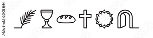 Vector icons of religious Christian symbols in a clean line style, featuring a wheat stalk, communion chalice, bread loaf, cross, crown of thorns, and the empty tomb of Jesus.