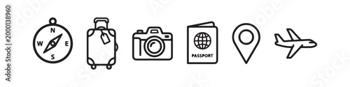 Vector icons representing travel and tourism in a clean thin line style, including a map pin, suitcase, photo camera, passport, compass, and an airplane.