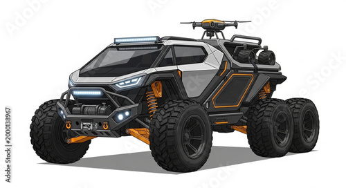 Futuristic all terrain vehicle with six wheels and advanced design.