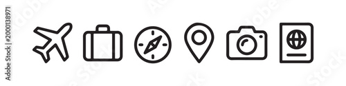 Vector icons representing travel and tourism in a clean thin line style, including a map pin, suitcase, photo camera, passport, compass, and an airplane.