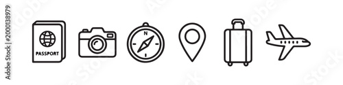 Vector icons representing travel and tourism in a clean thin line style, including a map pin, suitcase, photo camera, passport, compass, and an airplane.
