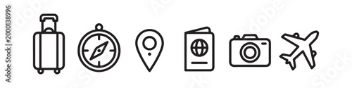 Vector icons representing travel and tourism in a clean thin line style, including a map pin, suitcase, photo camera, passport, compass, and an airplane.