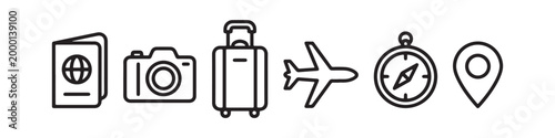 Vector icons representing travel and tourism in a clean thin line style, including a map pin, suitcase, photo camera, passport, compass, and an airplane.