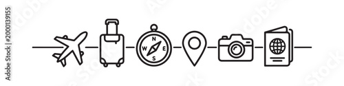 Vector icons representing travel and tourism in a clean thin line style, including a map pin, suitcase, photo camera, passport, compass, and an airplane.