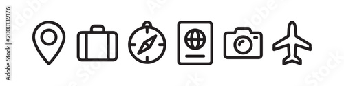 Vector icons representing travel and tourism in a clean thin line style, including a map pin, suitcase, photo camera, passport, compass, and an airplane.