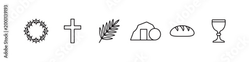 Vector icons of religious Christian symbols in a clean line style, featuring a wheat stalk, communion chalice, bread loaf, cross, crown of thorns, and the empty tomb of Jesus.